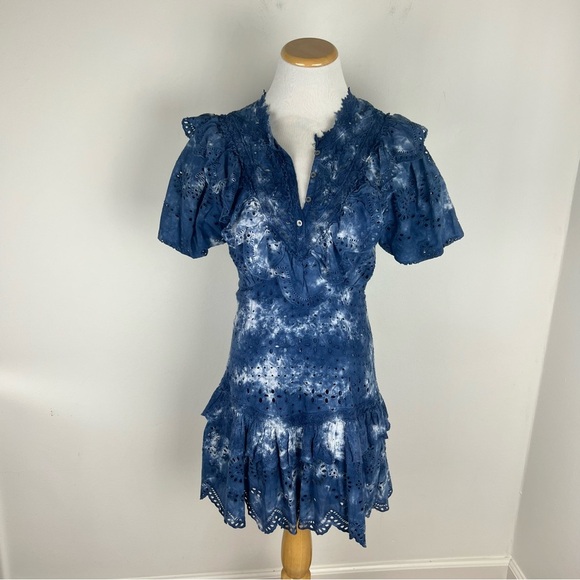 LoveShackFancy Fritzi Ruffle Eyelet Lace Mini Dress Midnight Tie Dye Blue Size 4 - Picture 3 of 9